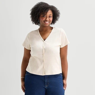 a.n.a Womens Plus V Neck Short Sleeve Button Cardigan
