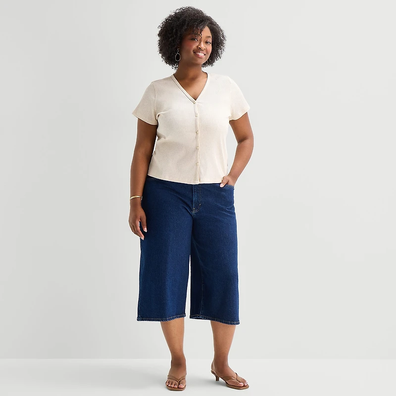 a.n.a Womens Plus V Neck Short Sleeve Button Cardigan