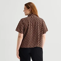Liz Claiborne Womens Plus Split Tie Neck Short Sleeve Blouse