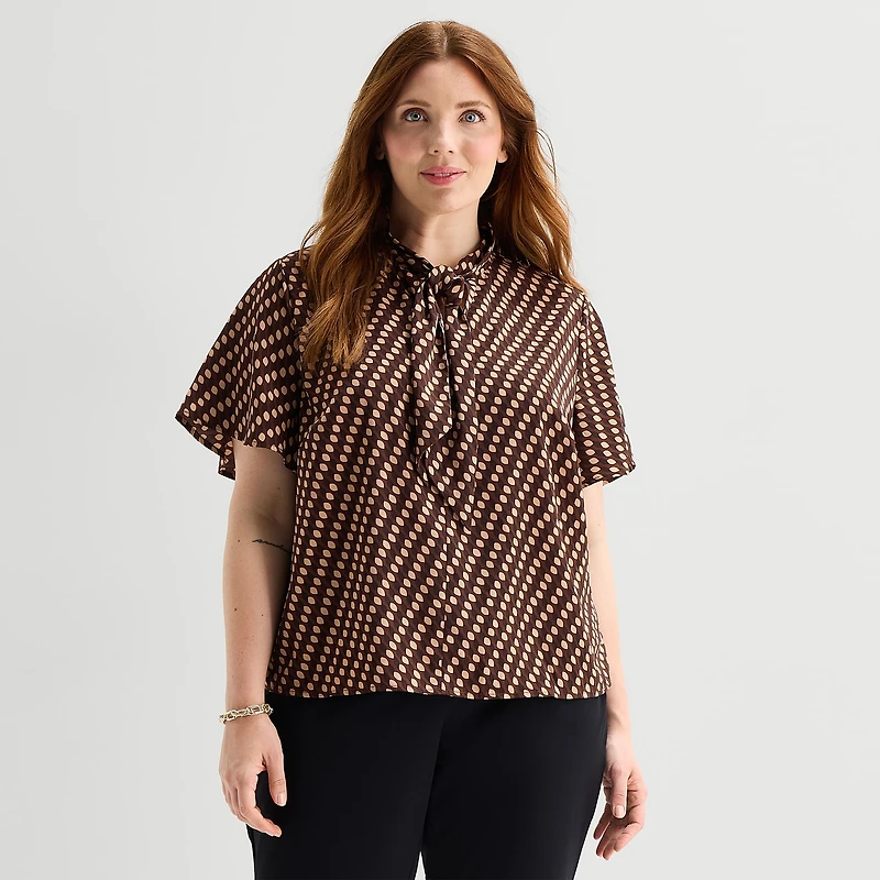 Liz Claiborne Womens Plus Split Tie Neck Short Sleeve Blouse