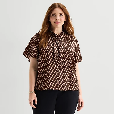 Liz Claiborne Womens Plus Split Tie Neck Short Sleeve Blouse