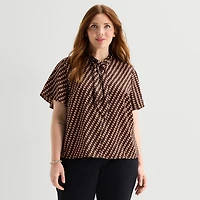 Liz Claiborne Womens Plus Split Tie Neck Short Sleeve Blouse