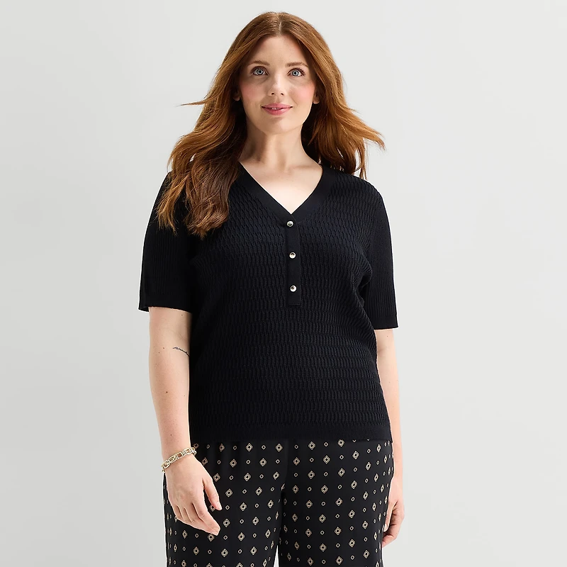 Liz Claiborne Plus Womens V Neck Elbow Sleeve Pullover Sweater
