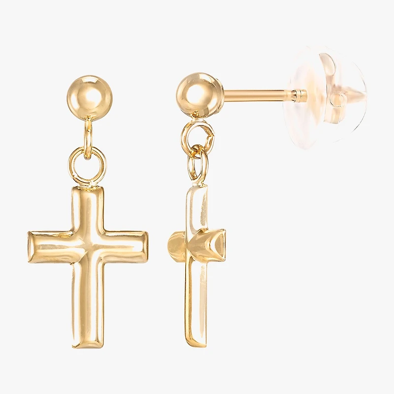 Girls 14K Gold Cross Drop Earrings
