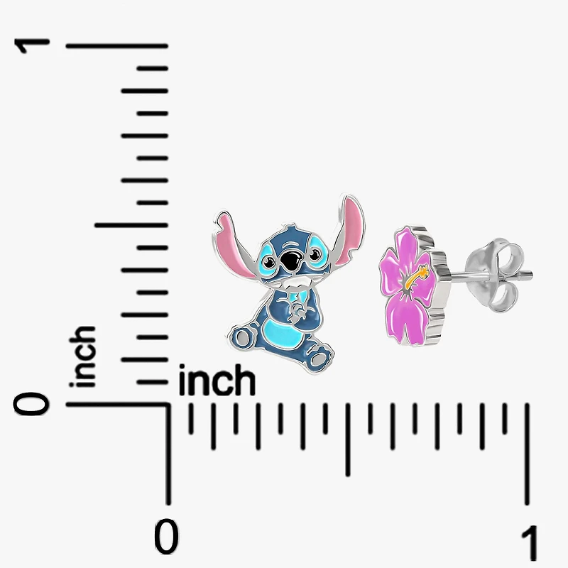 Disney Collection Sterling Silver 12.8mm Flower Lilo & Stitch Stud Earrings