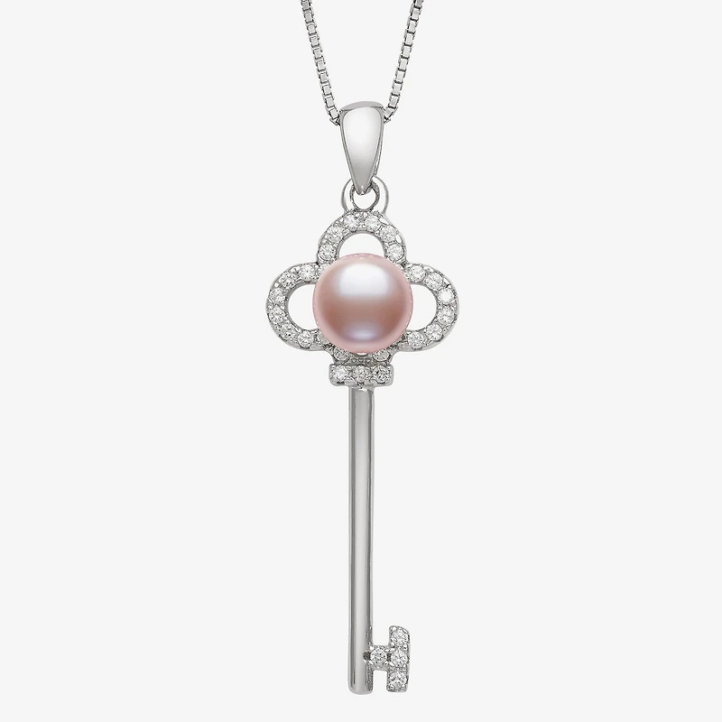 Womens Pink Cultured Freshwater Pearl Sterling Silver Keys 18 Inch Pendant Necklace