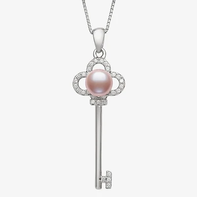 Womens Pink Cultured Freshwater Pearl Sterling Silver Keys 18 Inch Pendant Necklace