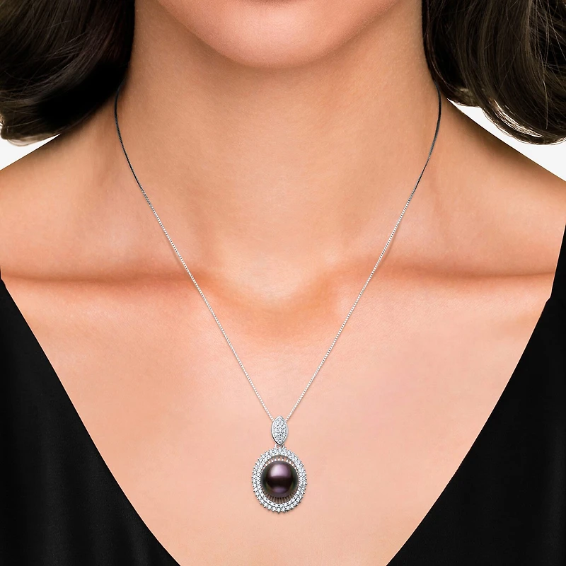 Womens Black Cultured Freshwater Pearl Sterling Silver Oval 18 Inch Pendant Necklace