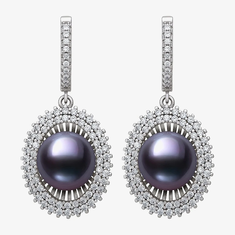 Womens Black Cultured Freshwater Pearl Sterling Silver Round Drop Earrings
