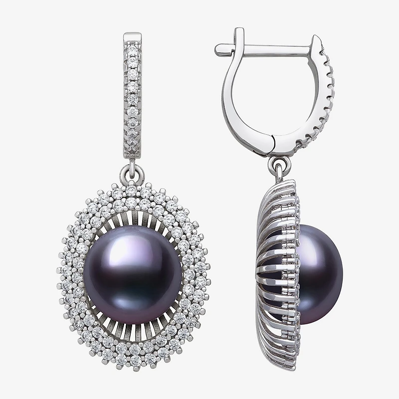 Womens Black Cultured Freshwater Pearl Sterling Silver Round Drop Earrings