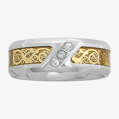 (H-I / I2-I3) Mens 8MM 1/10 CT. T.W. Natural White Diamond Stainless Steel Wedding Band