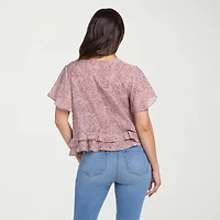 Jessica Simpson Womens Split Tie Neck Short Sleeve Ruffled Blouse