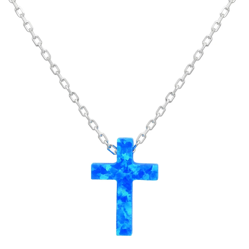 Womens Lab Created Blue Opal Sterling Silver Cross 18 Inch Pendant Necklace