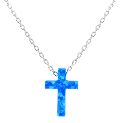 Womens Lab Created Blue Opal Sterling Silver Cross 18 Inch Pendant Necklace