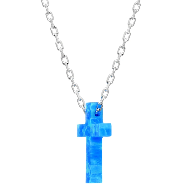 Womens Lab Created Blue Opal Sterling Silver Cross 18 Inch Pendant Necklace