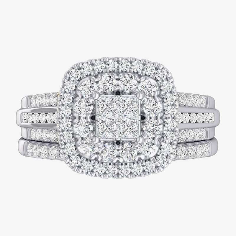 (G-H / Si1-Si2) Womens 1 CT. T.W. Lab Grown White Diamond 10K Gold Cushion Side Stone Bridal Set