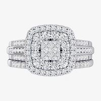 (G-H / Si1-Si2) Womens 1 CT. T.W. Lab Grown White Diamond 10K Gold Cushion Side Stone Bridal Set