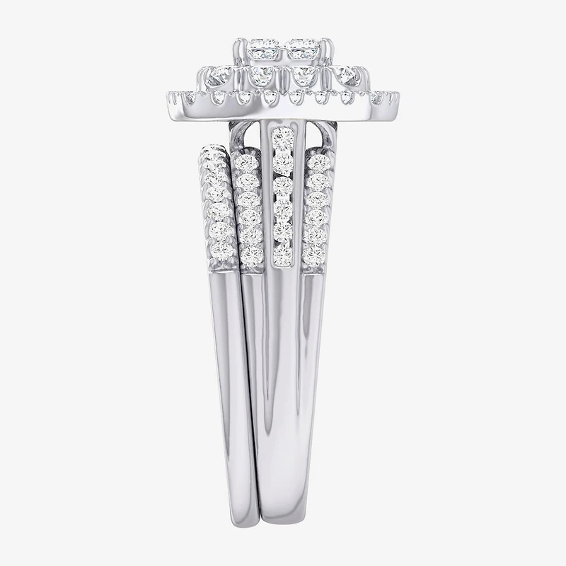 (G-H / Si1-Si2) Womens 1 CT. T.W. Lab Grown White Diamond 10K Gold Cushion Side Stone Bridal Set