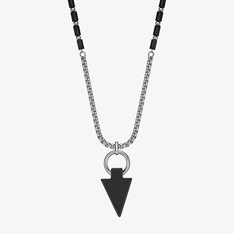 Mens Black Agate Stainless Steel 24 Inch Pendant Necklace