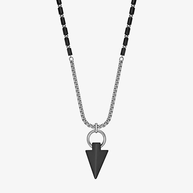 Mens Black Agate Stainless Steel 24 Inch Pendant Necklace