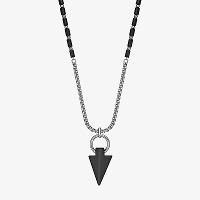 Mens Black Agate Stainless Steel 24 Inch Pendant Necklace
