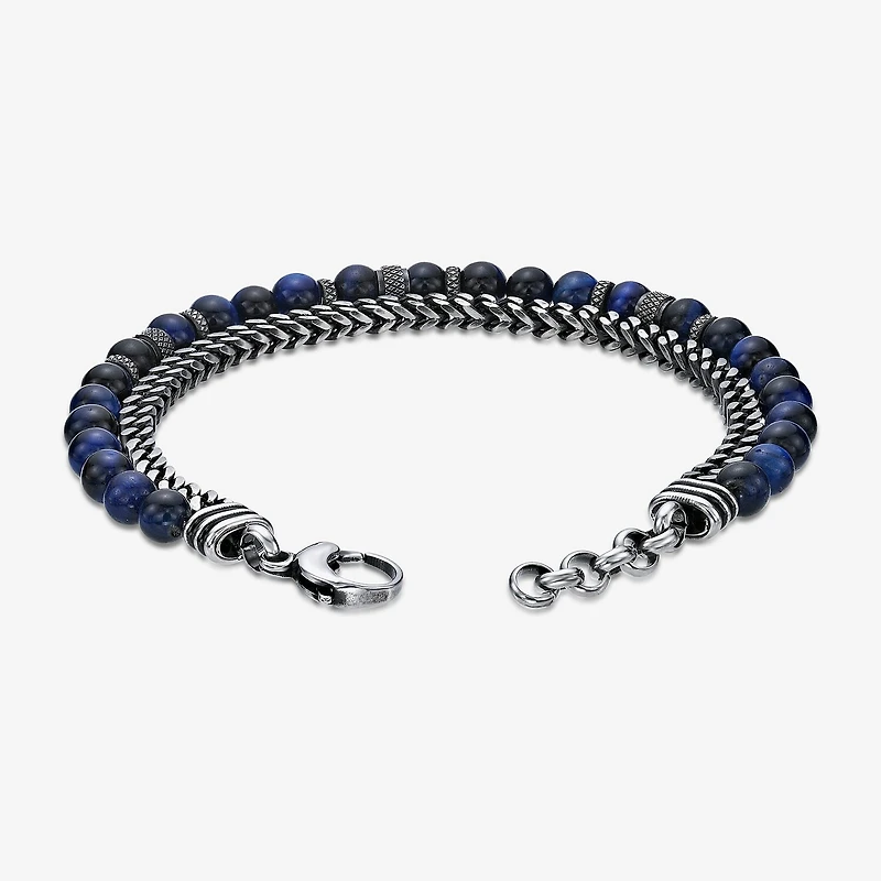 Mens Blue Tiger's Eye Stainless Steel Beaded Bracelet