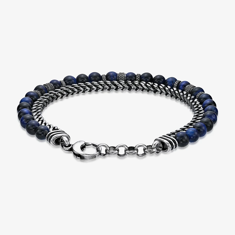 Mens Blue Tiger's Eye Stainless Steel Beaded Bracelet
