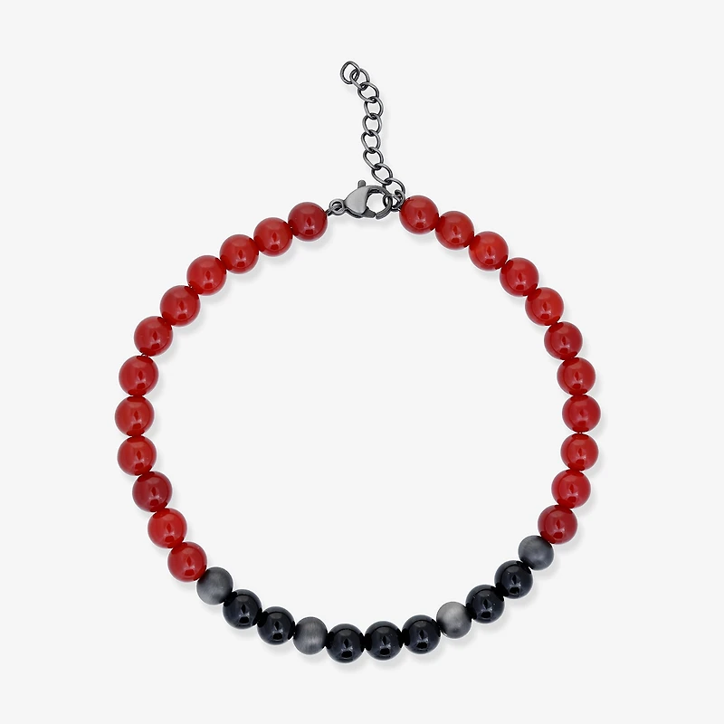 Mens Black Agate Stainless Steel Beaded Bracelet