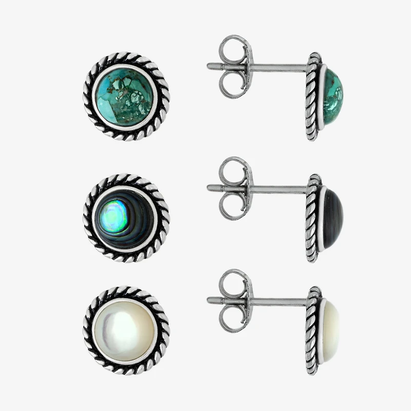 Womens Enhanced White Turquoise Sterling Silver Round 3 Pair Earring Set