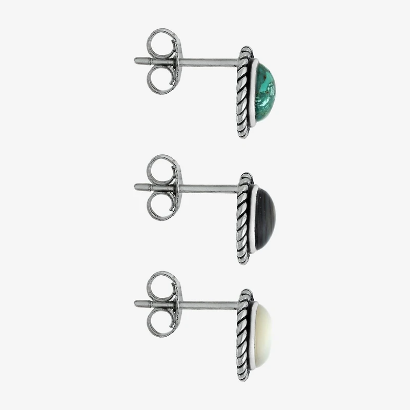 Womens Enhanced White Turquoise Sterling Silver Round 3 Pair Earring Set