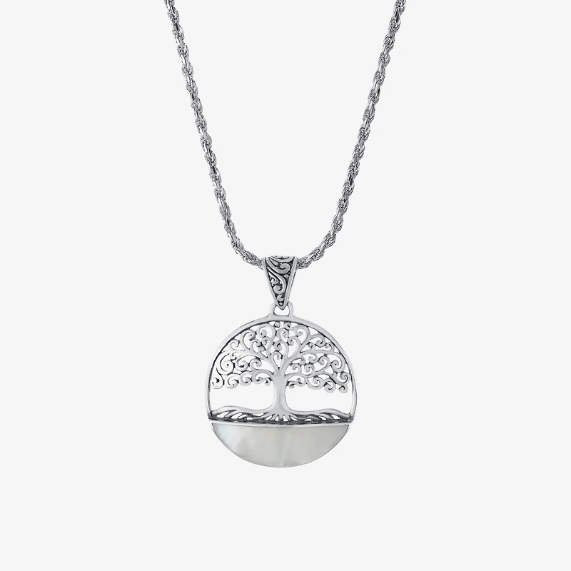 Tree Of Life Womens White Mother Of Pearl Sterling Silver Round 16 Inch Pendant Necklace