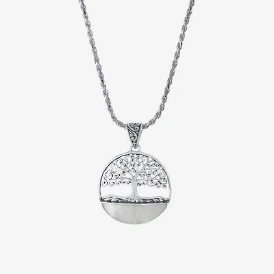 Tree Of Life Womens White Mother Of Pearl Sterling Silver Round 16 Inch Pendant Necklace
