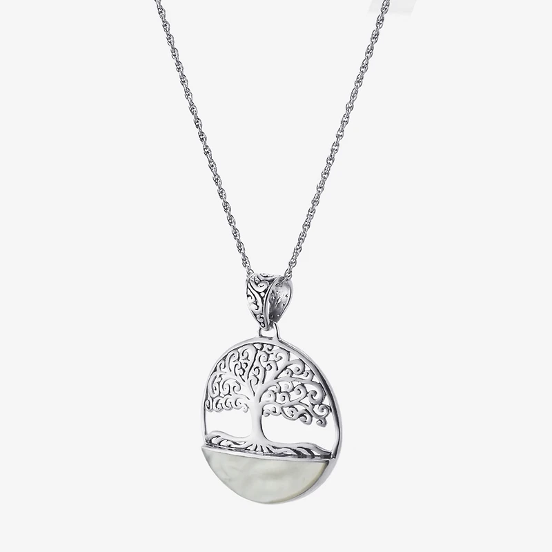 Tree Of Life Womens White Mother Of Pearl Sterling Silver Round 16 Inch Pendant Necklace