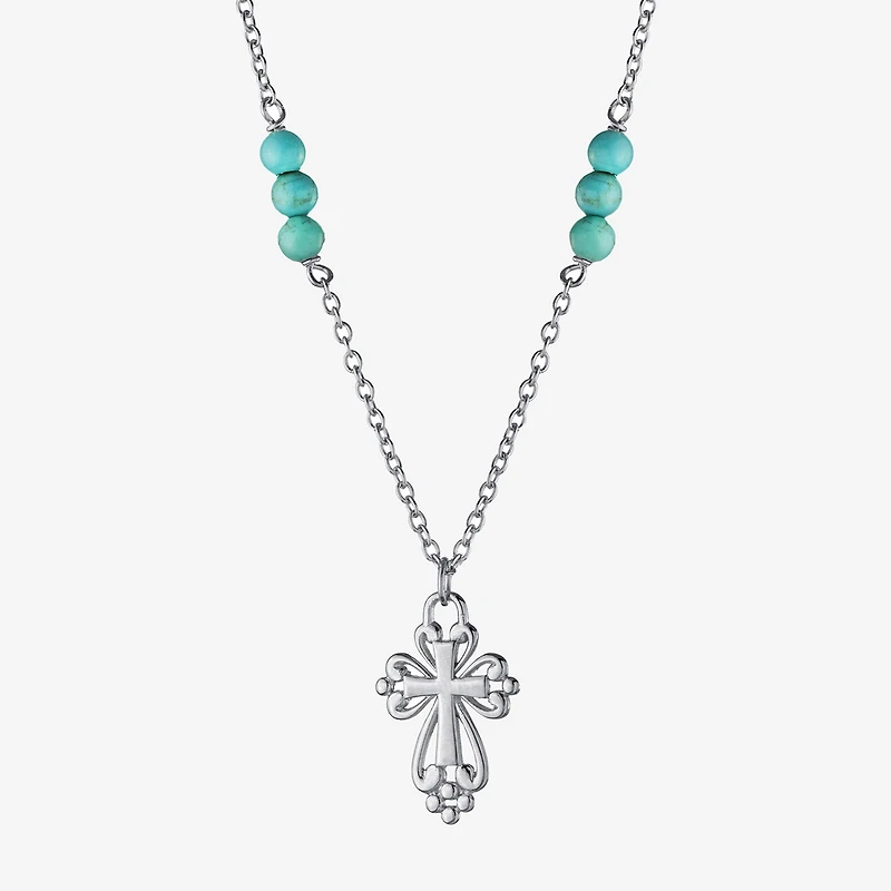 Womens Enhanced Blue Turquoise Sterling Silver Cross Round 16 Inch Pendant Necklace