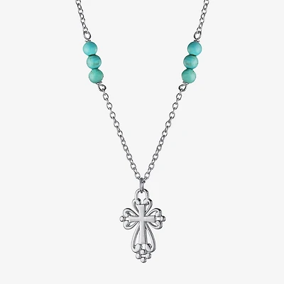Womens Enhanced Blue Turquoise Sterling Silver Cross Round 16 Inch Pendant Necklace