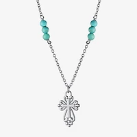 Womens Enhanced Blue Turquoise Sterling Silver Cross Round 16 Inch Pendant Necklace