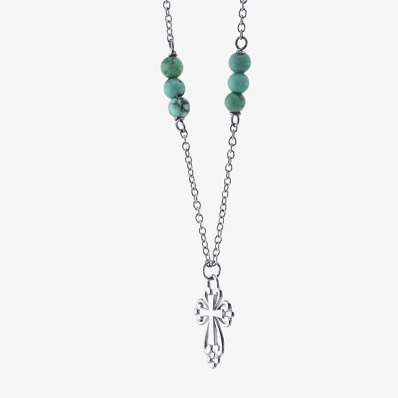 Womens Enhanced Blue Turquoise Sterling Silver Cross Round 16 Inch Pendant Necklace