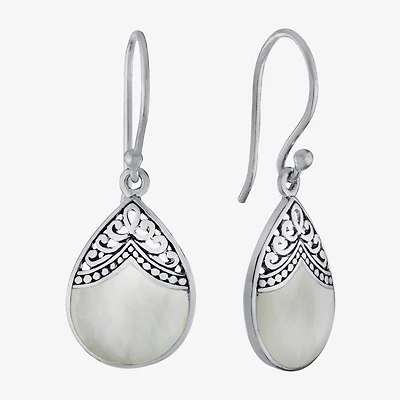 Bali Inspired Womens Genuine White Mother Of Pearl Sterling Silver Drop Earrings