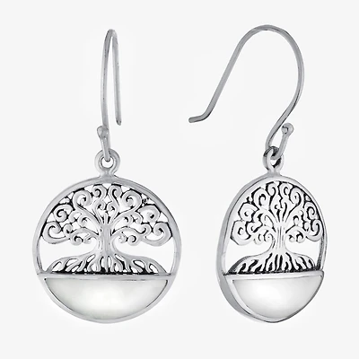 Tree Of Life Womens Genuine White Mother Of Pearl Sterling Silver Round Drop Earrings