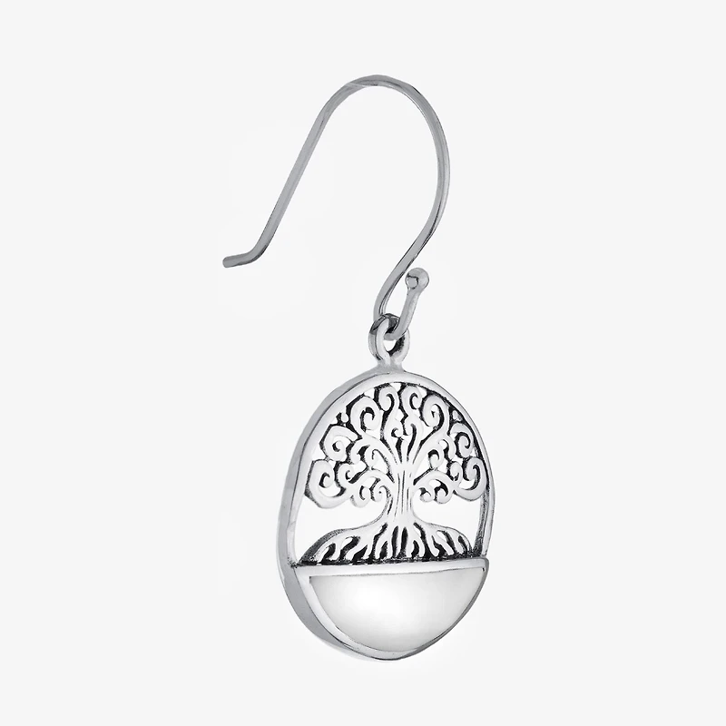 Tree Of Life Womens Genuine White Mother Of Pearl Sterling Silver Round Drop Earrings