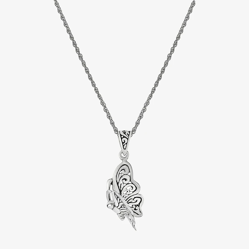 Bali Inspired Womens Sterling Silver Butterfly 16 Inch Pendant Necklace