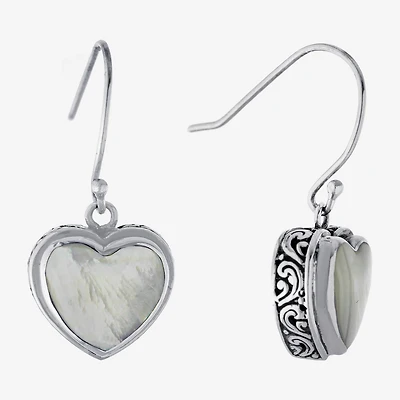 Bali Inspired Womens White Mother Of Pearl Sterling Silver Heart Drop Earrings