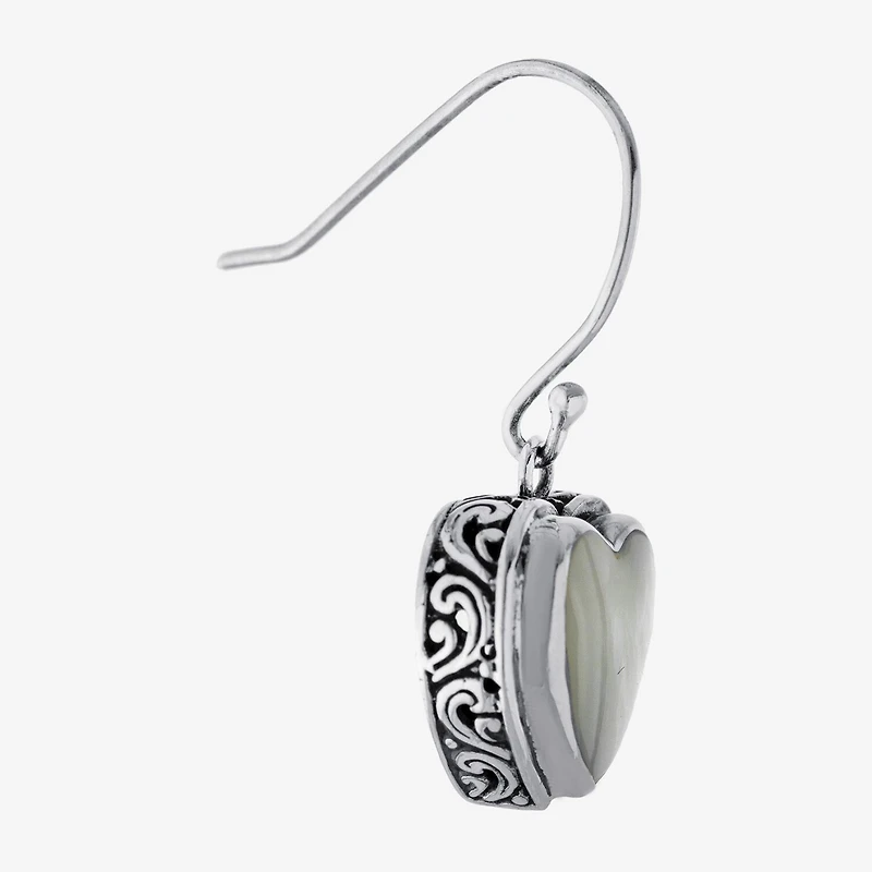 Bali Inspired Womens White Mother Of Pearl Sterling Silver Heart Drop Earrings