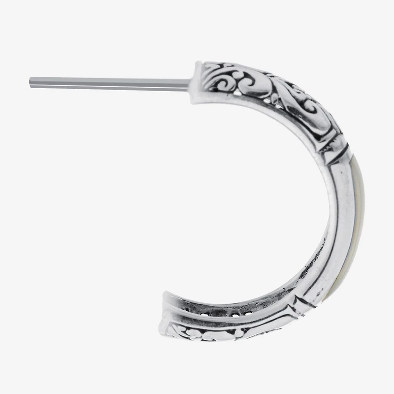 Bali Inspired Womens White Mother Of Pearl Sterling Silver 20.3mm Hoop Earrings