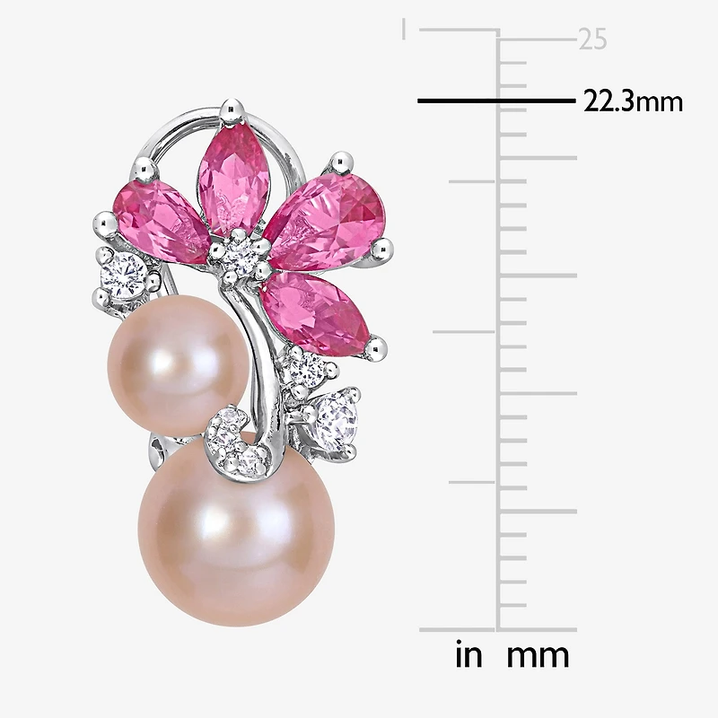 Womens Cultured Freshwater Pearl Sterling Silver Flower Drop Earrings