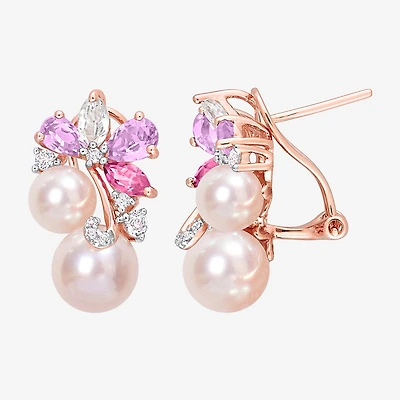 Womens Pink Cultured Freshwater Pearl 18K Rose Gold Over Silver Flower Drop Earrings