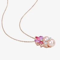 Womens Pink Cultured Freshwater Pearl 18K Rose Gold Over Silver Flower 18 Inch Pendant Necklace