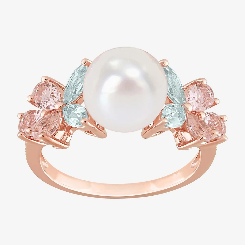 Womens 8-9MM White Cultured Freshwater Pearl 18K Rose Gold Over Silver Cocktail Ring