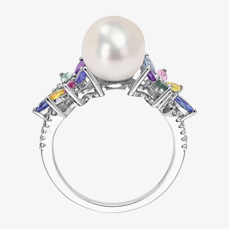 Womens 9-9.5MM White Cultured Freshwater Pearl & 1/8 CT. T.W. Genuine Diamond 14K Gold Cocktail Ring