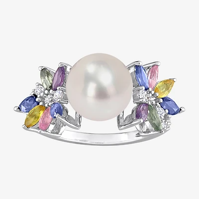 Womens 9-9.5MM White Cultured Freshwater Pearl & 1/8 CT. T.W. Genuine Diamond 14K Gold Cocktail Ring